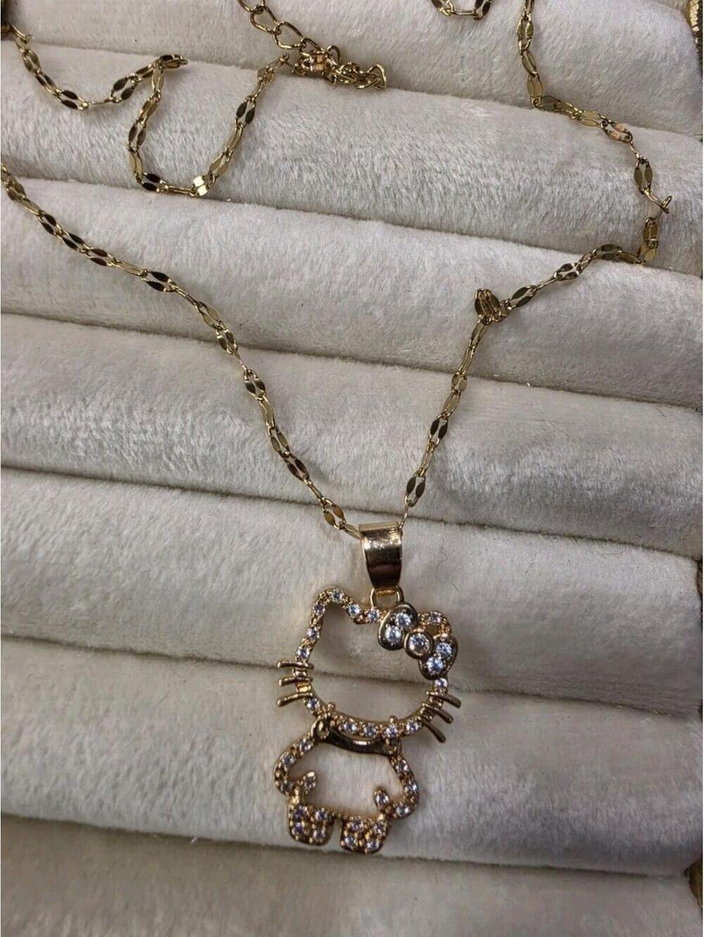 Hello Kitty Stainless Steel Copper Plated Metal Necklace with Rhinestone Pendant - Picture 2 of 4